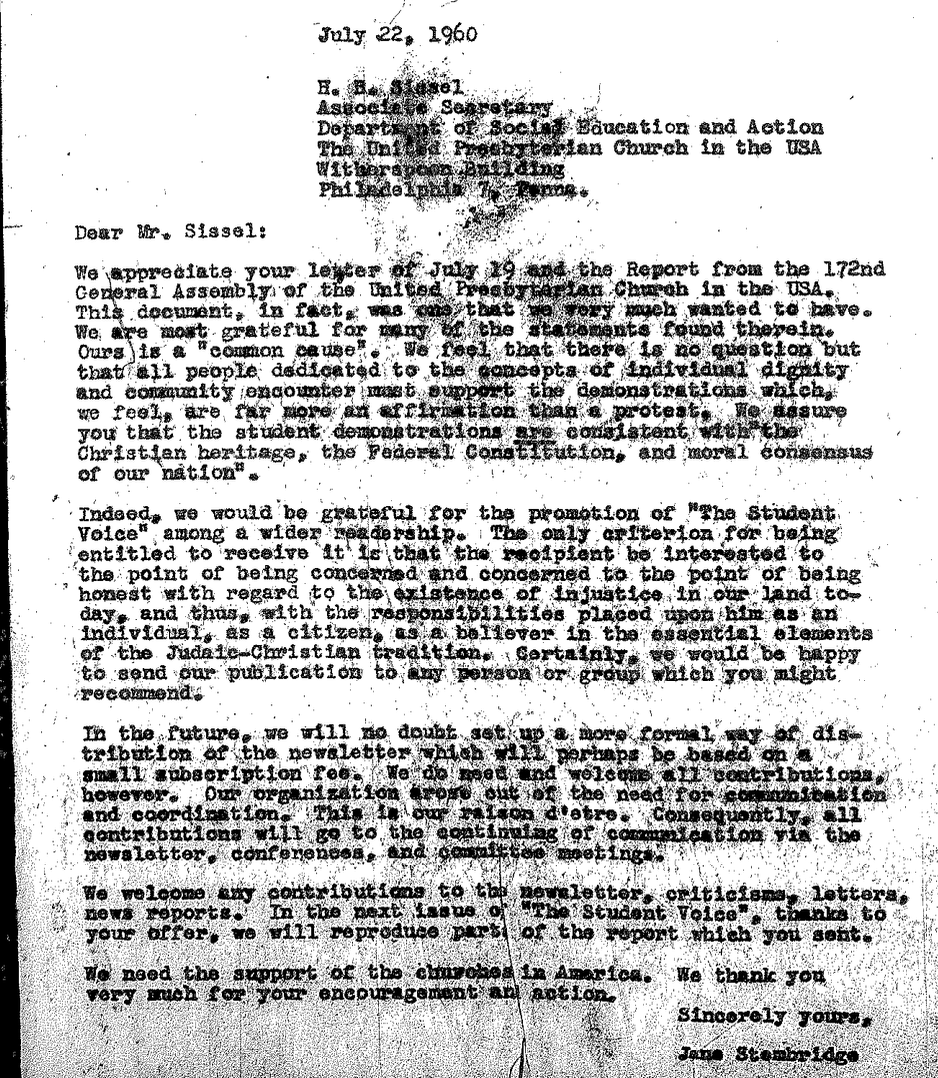 Letter from Jane Stembridge to H.H. Sissel (07/22/1960)